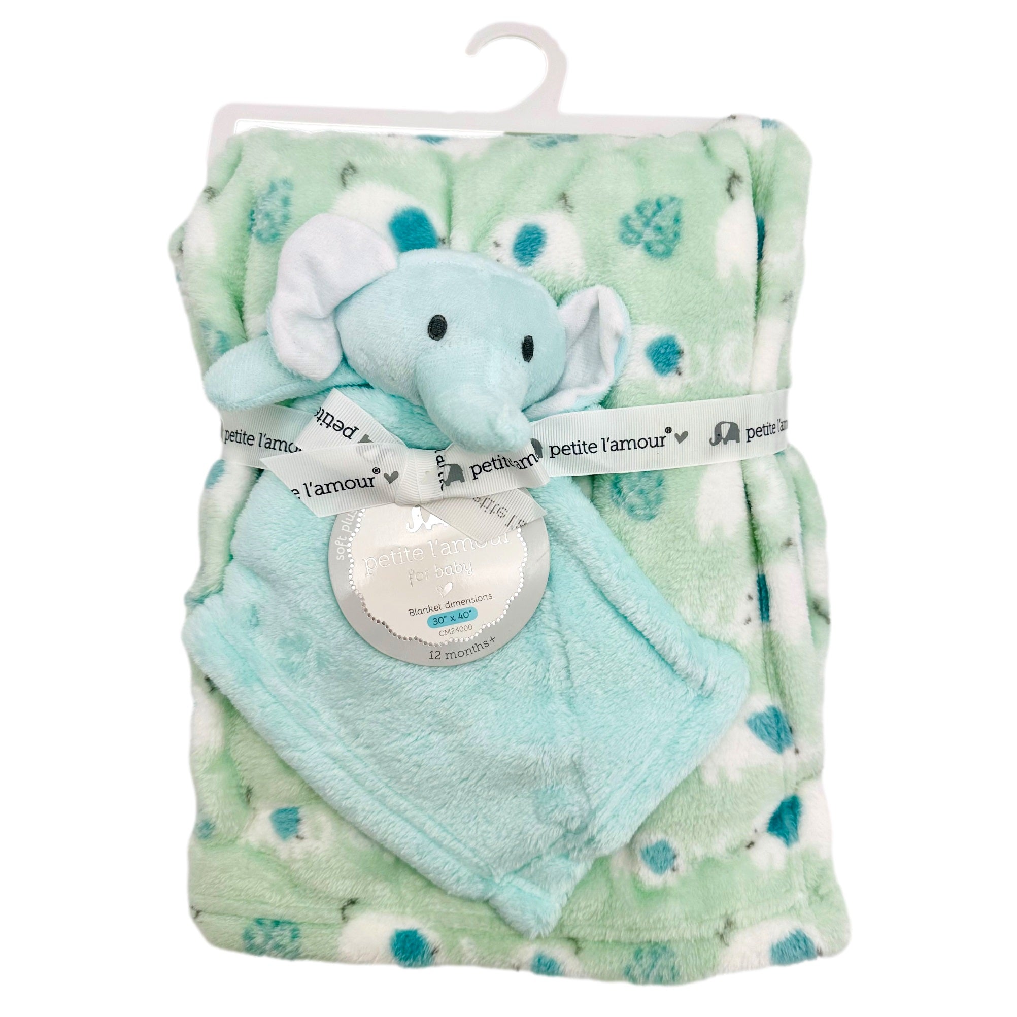 Folded baby blanket with elephant plush toy and ribbon on hanger.